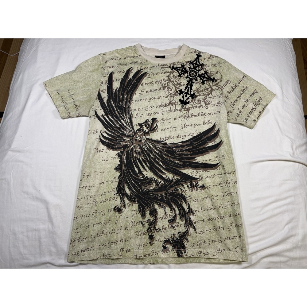 Vintage Raw Blue Y2K Graphic T Shirt XL All Over Print Cross Phoenix Gothic MMA